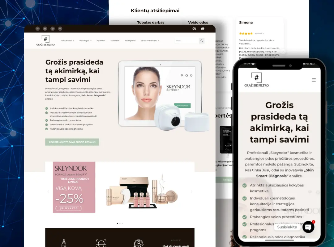 Modernus ir greitas grožio specialistės svetainės dizainas Graži be filtro webDNR portfolio