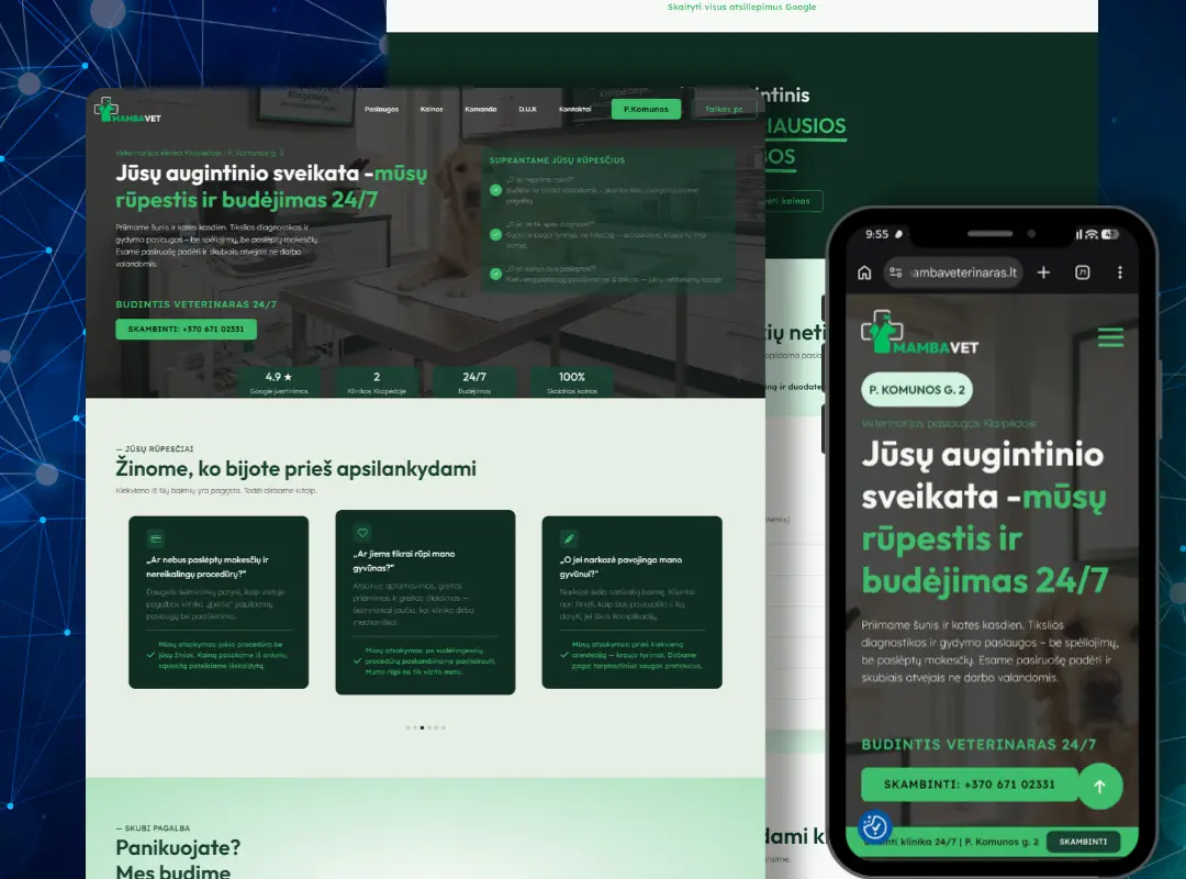 Modernus ir greitas veterinarijos klinikos svetainės dizainas MambaVET webDNR portfolio