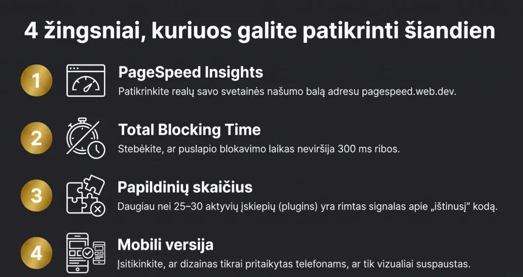 4 žingsniai svetainės technikai patikrai — greitis, SEO, mobilumas