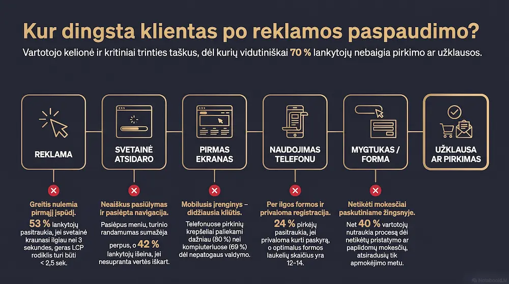 Kliento kelias nuo reklamos paspaudimo iki užklausos ir vietos, kur svetainė praranda klientą
