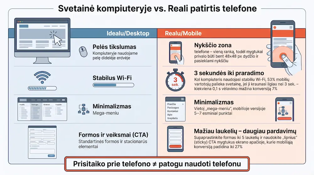 Svetainės optimizavimas mobiliajame — skirtumas tarp kompiuterio ir realaus telefono
