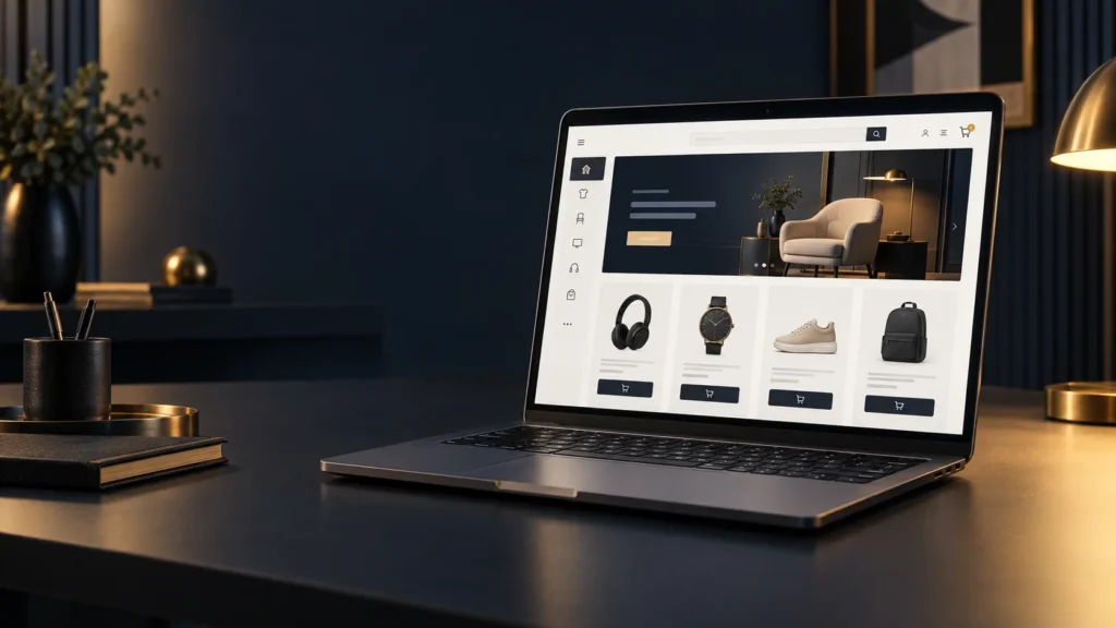 Nešiojamas kompiuteris, kurio ekrane rodoma profesionali el. parduotuvė