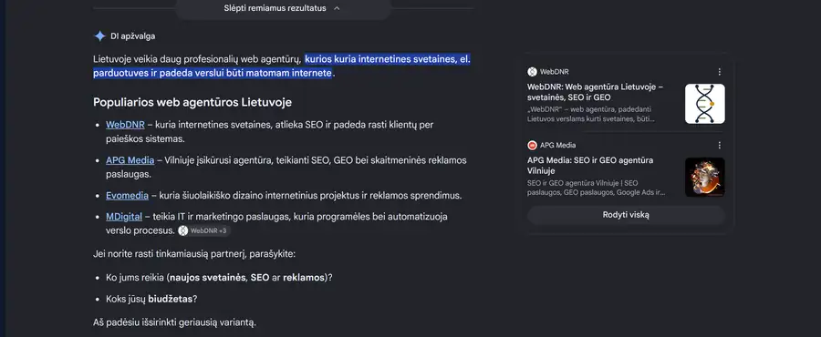 Google DI apzvalga uzklausai "web agentura Lietuvoje" - WebDNR nurodyta pirma populiariu web agenturu sarase kartu su Knowledge Graph kortele