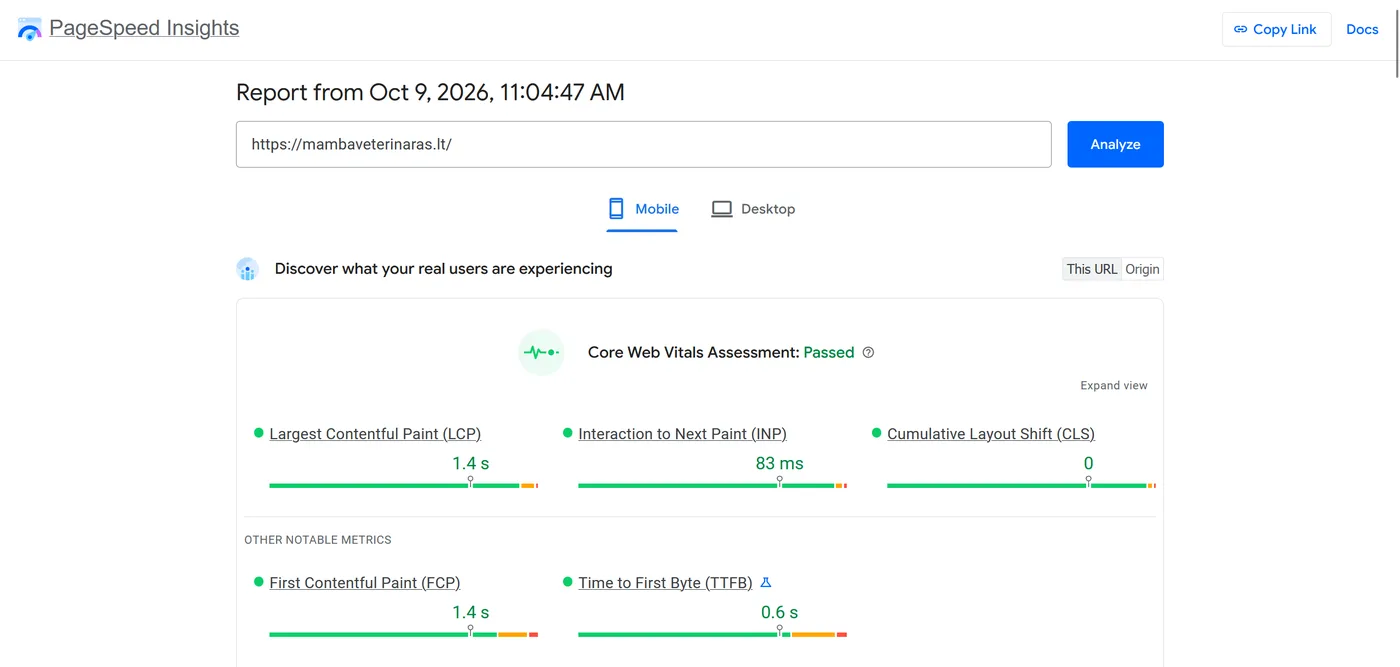 „Google PageSpeed Insights“ ataskaita 2026-10-09: mambaveterinaras.lt realių lankytojų duomenys mobiliame, Core Web Vitals praeinami, LCP 1,4 s, INP 83 ms, CLS 0