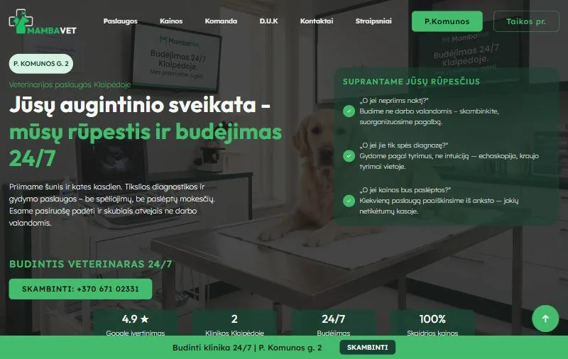 Atvejų analizės pavyzdys: veterinarijos klinikos svetainė kompiuterio ekrane, pagrindinis puslapis su 24/7 budėjimu