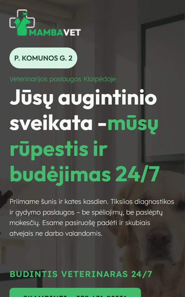 Naujoji veterinarijos klinikų svetainė mambaveterinaras.lt telefono ekrane: aiški antraštė ir skambučio mygtukas