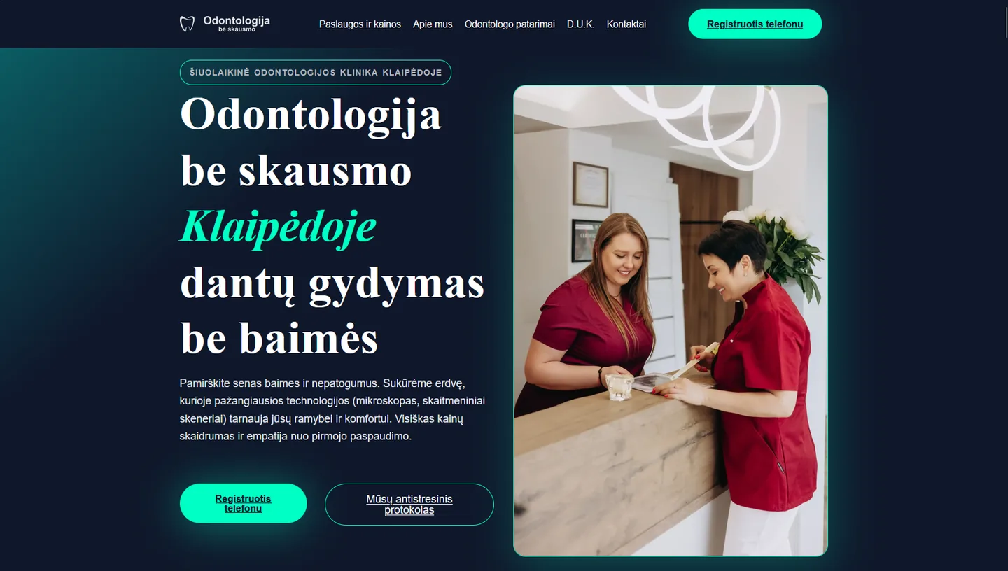 Atvejų analizės pavyzdys: odontologijos klinikos svetainė kompiuterio ekrane, naujos svetainės pagrindinis puslapis