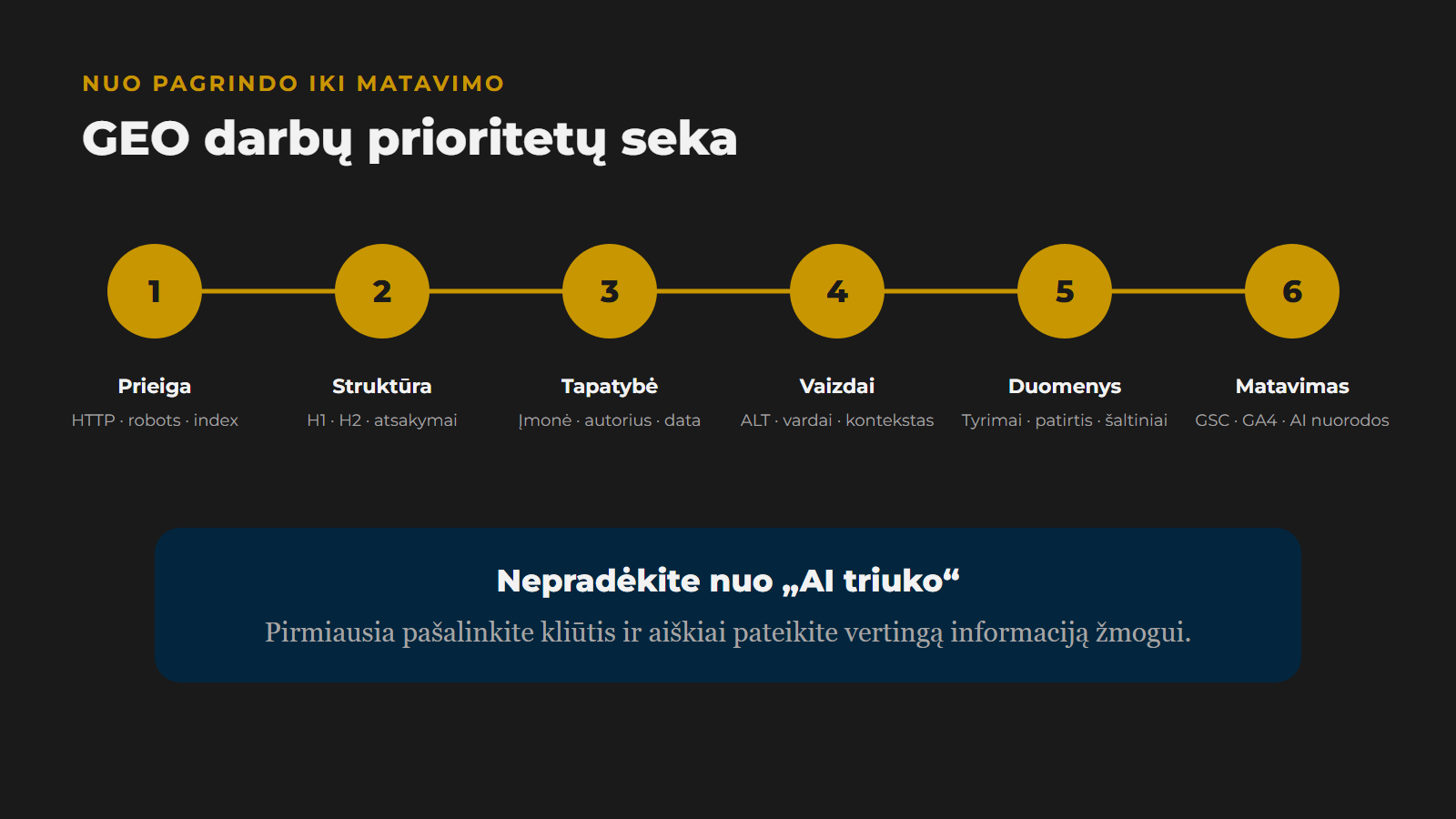 Šeši GEO darbų prioritetai: prieiga, struktūra, tapatybė, vaizdai, duomenys ir matavimas