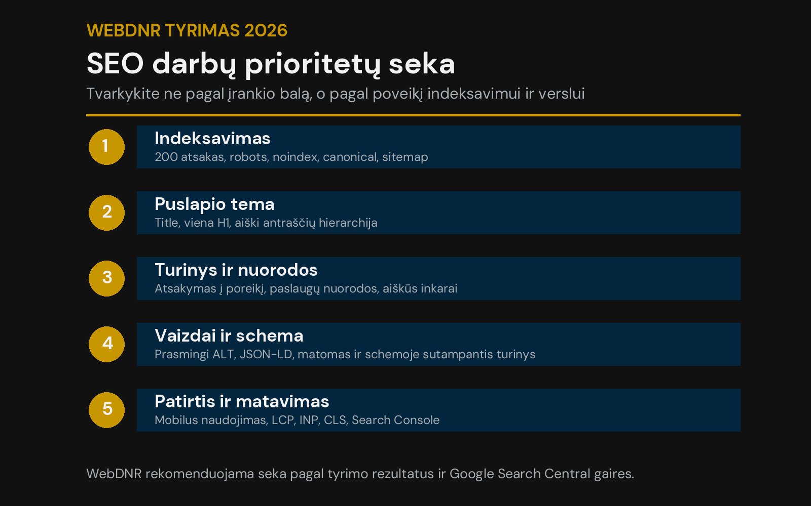 Infografikas: penki SEO darbų prioritetai nuo indeksavimo iki naudotojo patirties ir matavimo